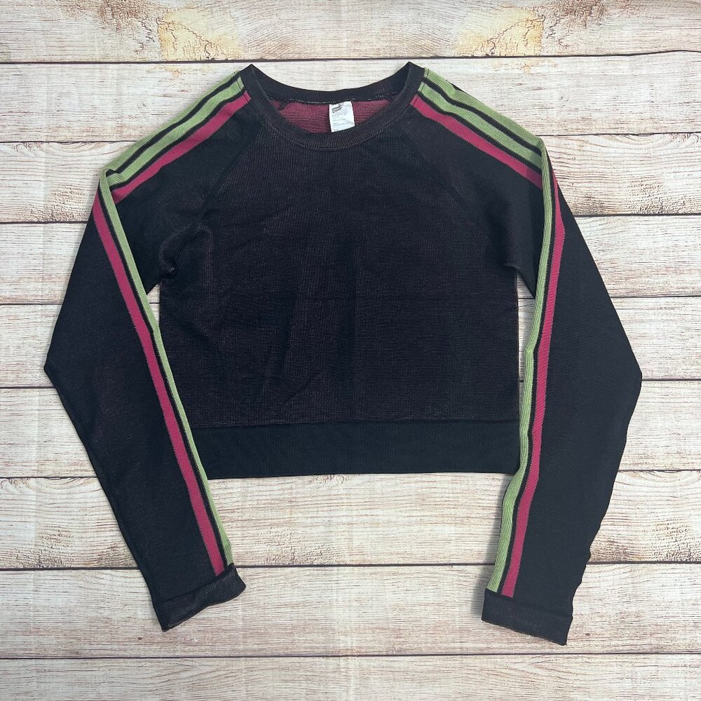 Fabletics Black Cropped Sweatshirt Medium‎ Pink Green Striped Sleeves Athletic